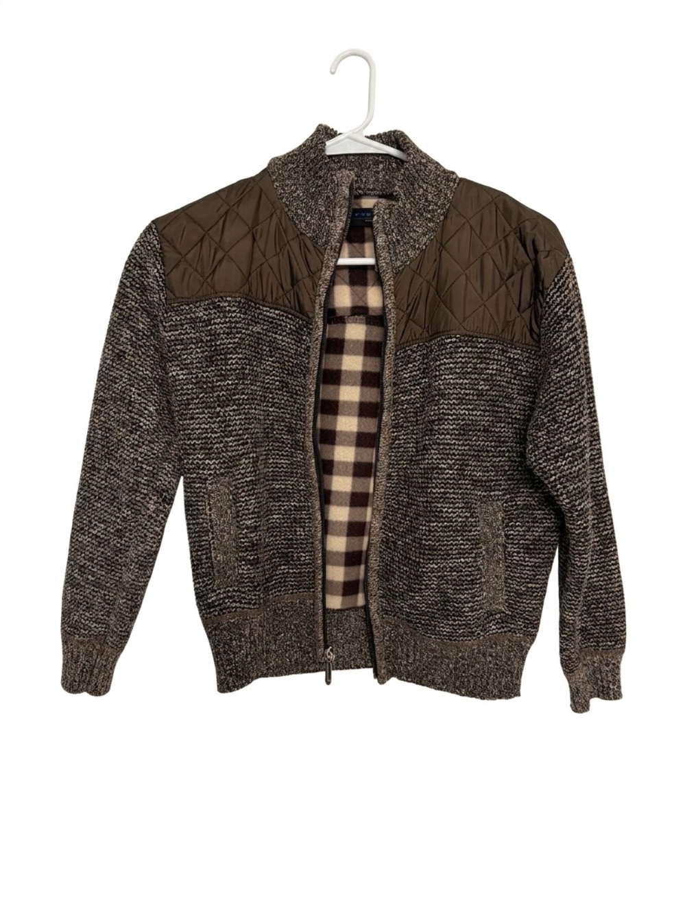 Boys Quilted Shoulder Brown Knit Zip Sweater Jacket